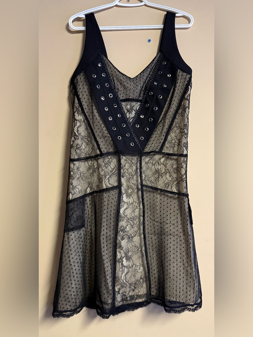 NWT Lauren Vidal Black Lace and Mesh Grommet Mini Dress
Size Medium